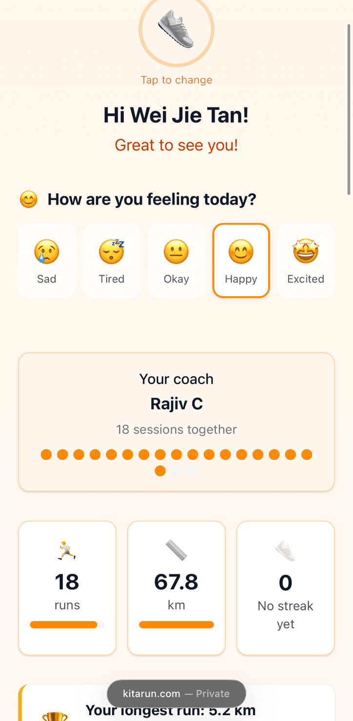 Athlete Journey page with avatar, mood check-in, stats, and coach connection