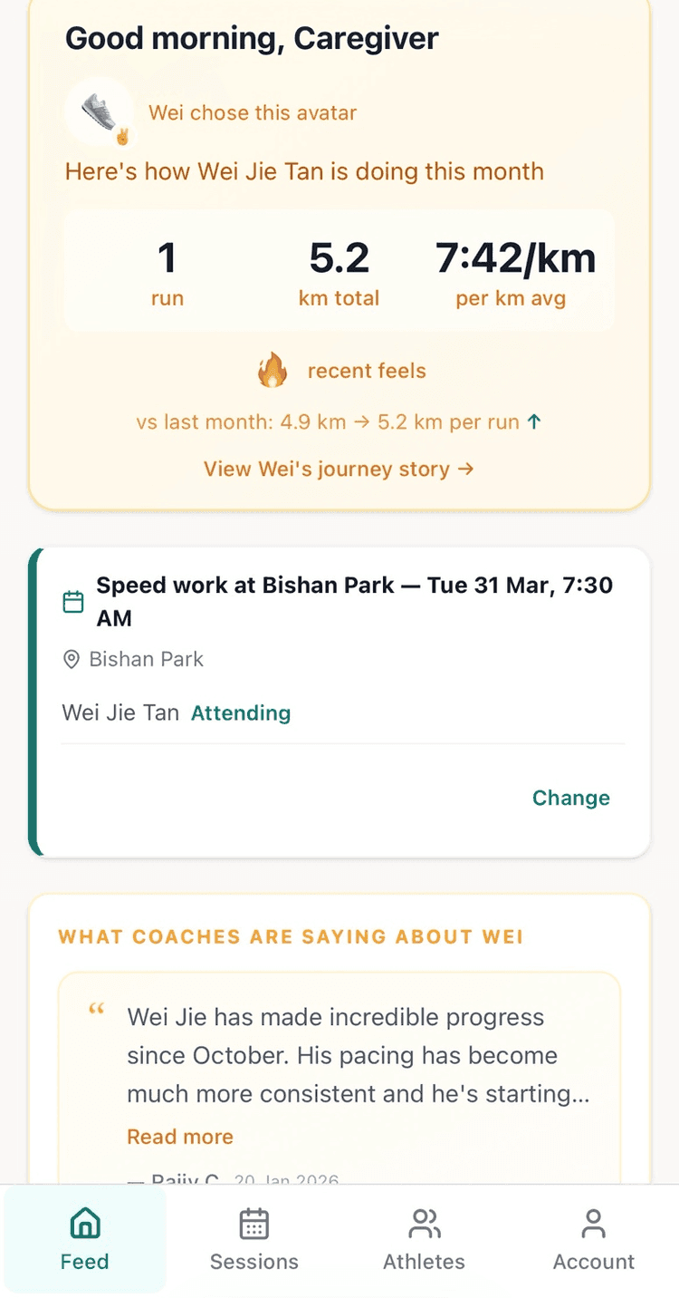 Caregiver view showing athlete progress, encouragement options, and coach notes
