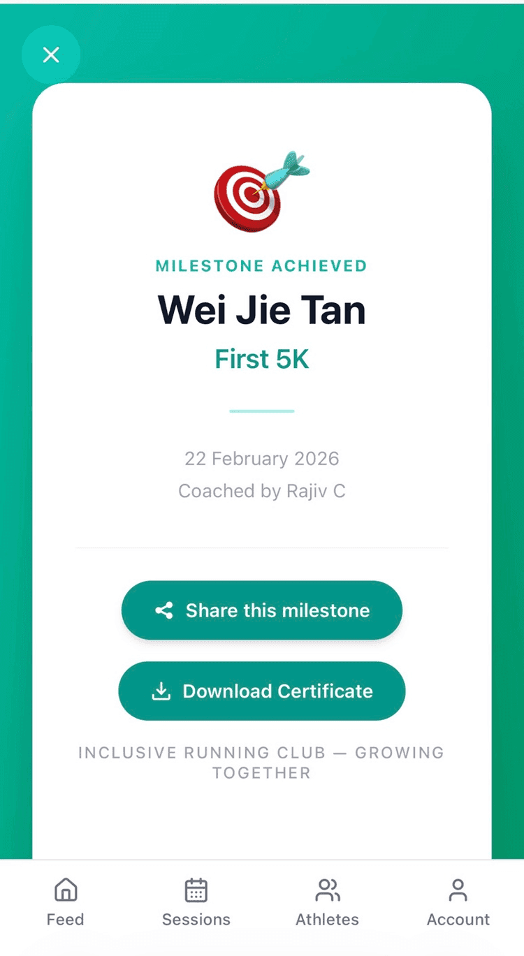 Milestone celebration page with dignified achievement badge and certificate download