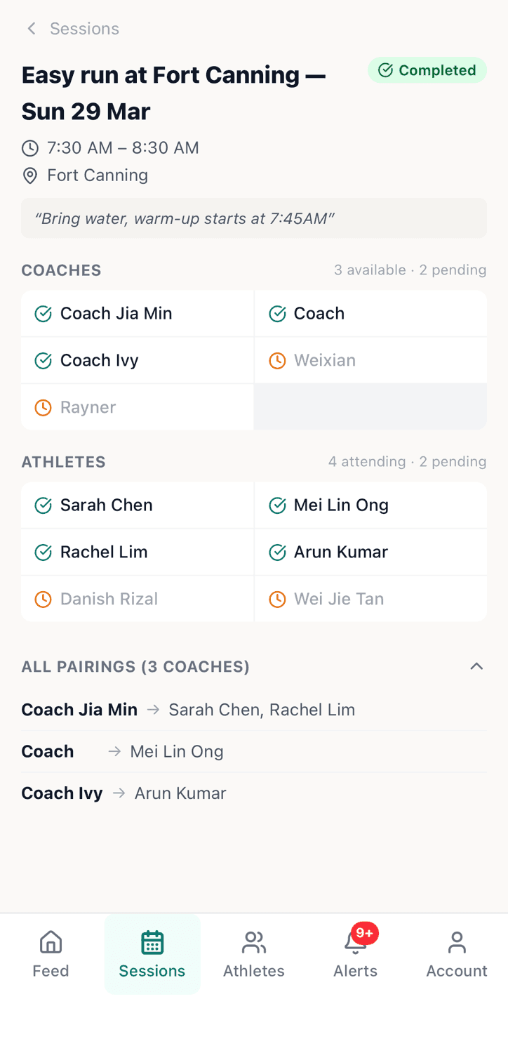 Session management showing schedule, RSVP status, and coach-athlete pairings